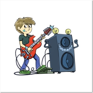 boy plays an electric guitar next to a large and agile music speaker Posters and Art